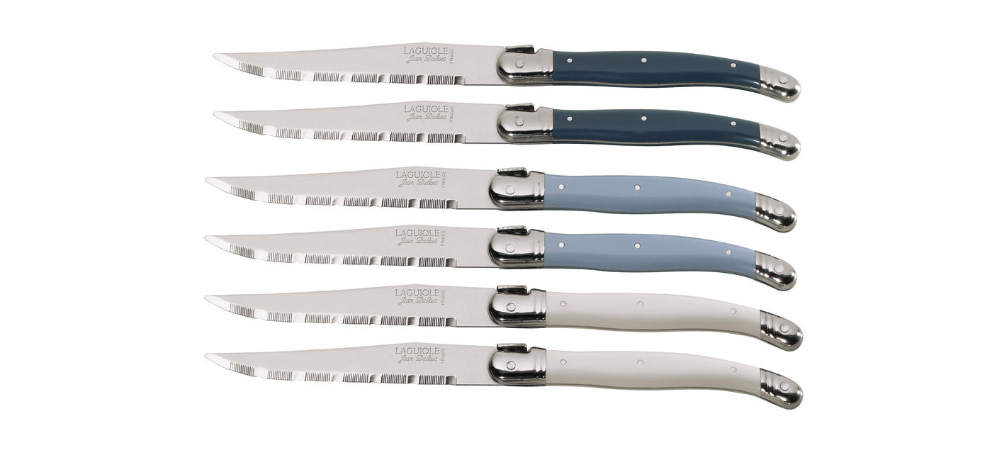 Laguiole Jean Dubost 6-Piece Steak Knife Block Set in Ivory White Handles &  Brass Fittings